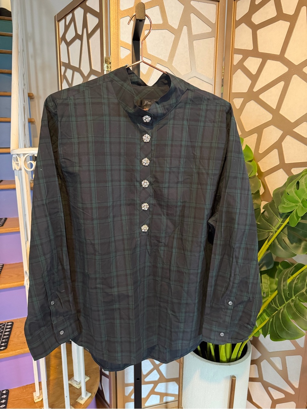 J.Crew Black Watch Plaid Jeweled Button Blouse Size 20 Tartan